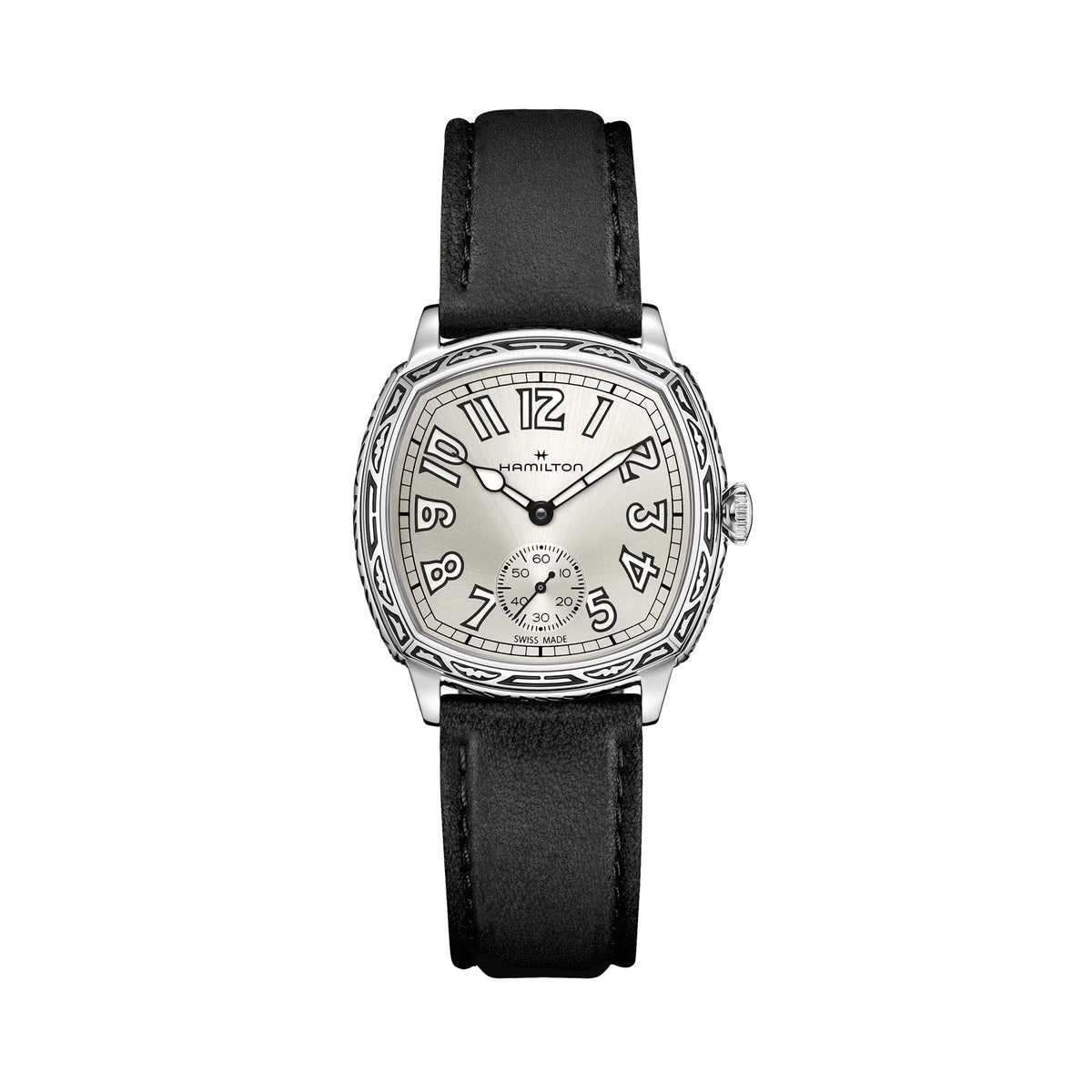 Hamilton American Classic Cushion Mechanical Unisex 34mm Watch H36149710 shows a white dial with square-style numerals, a railway minute track and a small seconds sub-dial at 6 o’clock. The cushion-shaped steel case has a delicately engraved finish.