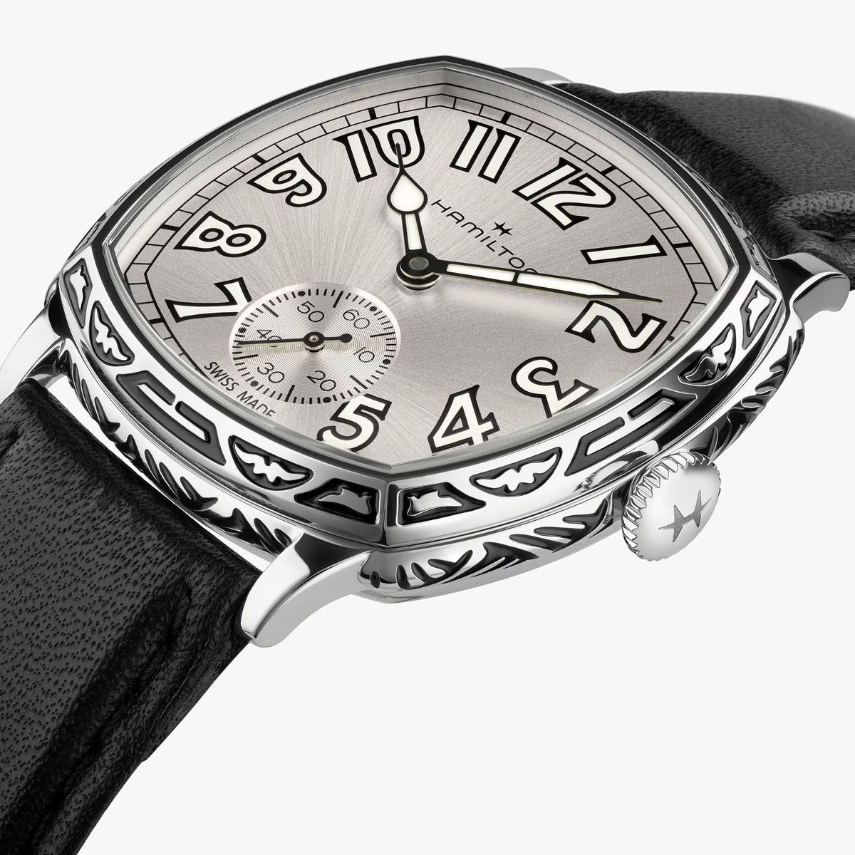 Hamilton American Classic Cushion Mechanical Unisex 34mm Watch H36149710 is shown from the side, displaying the slim cushion-shaped steel case and crown. The black leather strap extends from the lugs beneath the sapphire crystal.
