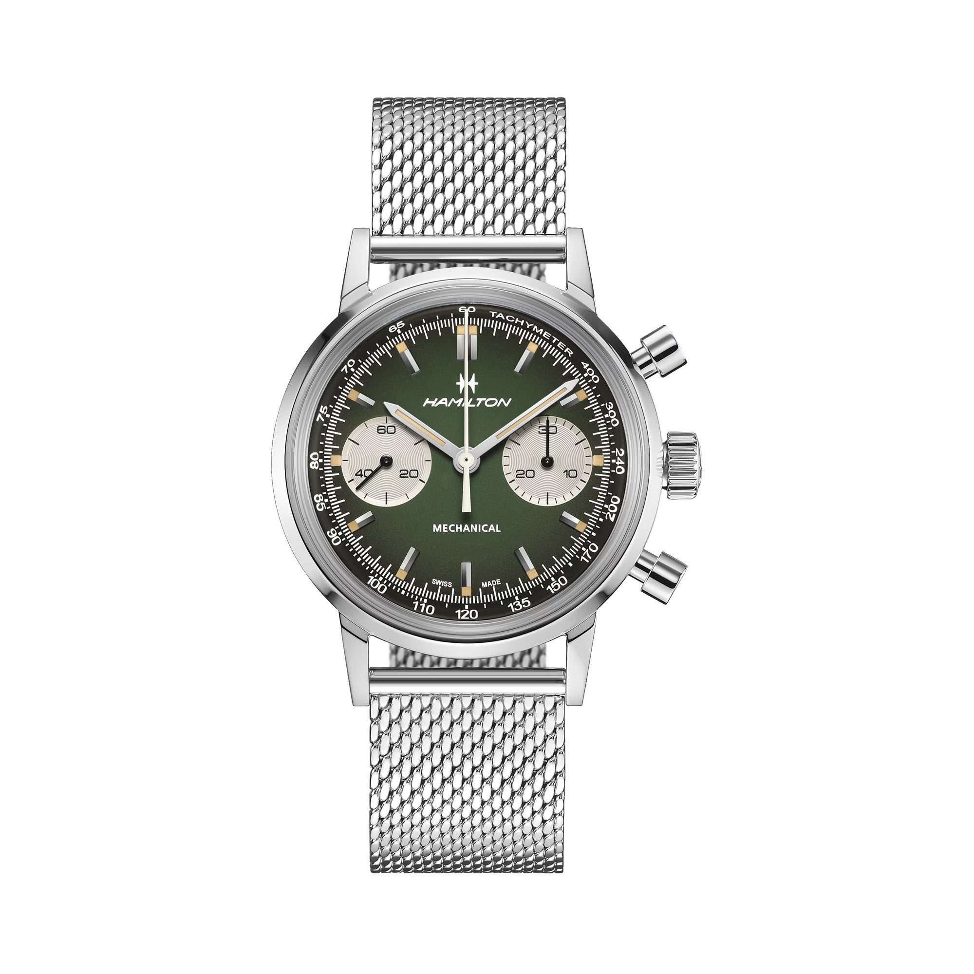 Hamilton American Classic Intra-Matic Chronograph H H38429861 40mm stainless steel watch with hunter green smoky dial