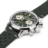 Side profile of Hamilton Intra-Matic Chronograph H showing box-shaped sapphire crystal dome and stainless steel case