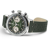 Side profile of Hamilton Intra-Matic Chronograph H showing box-shaped sapphire crystal dome and stainless steel case