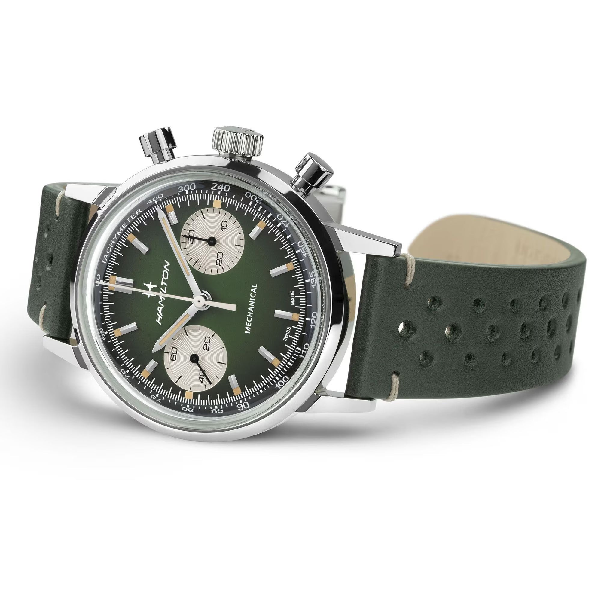 Side profile of Hamilton Intra-Matic Chronograph H showing box-shaped sapphire crystal dome and stainless steel case
