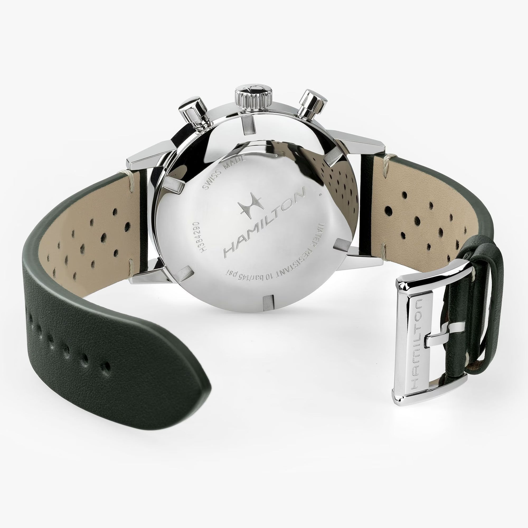 Hamilton H38429861 on perforated calf leather strap showing vintage motorsport-inspired design