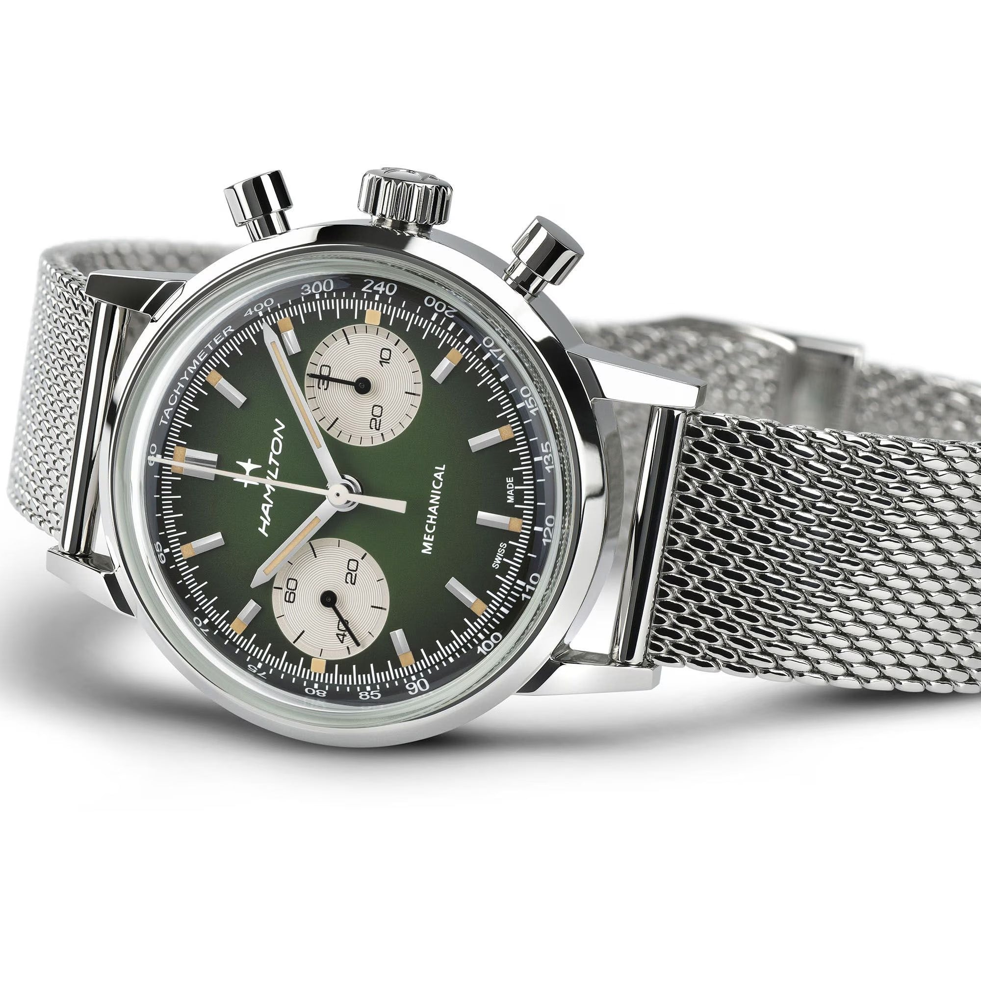 Hamilton Intra-Matic Chronograph H on stainless steel mesh bracelet, showing versatile second strap option
