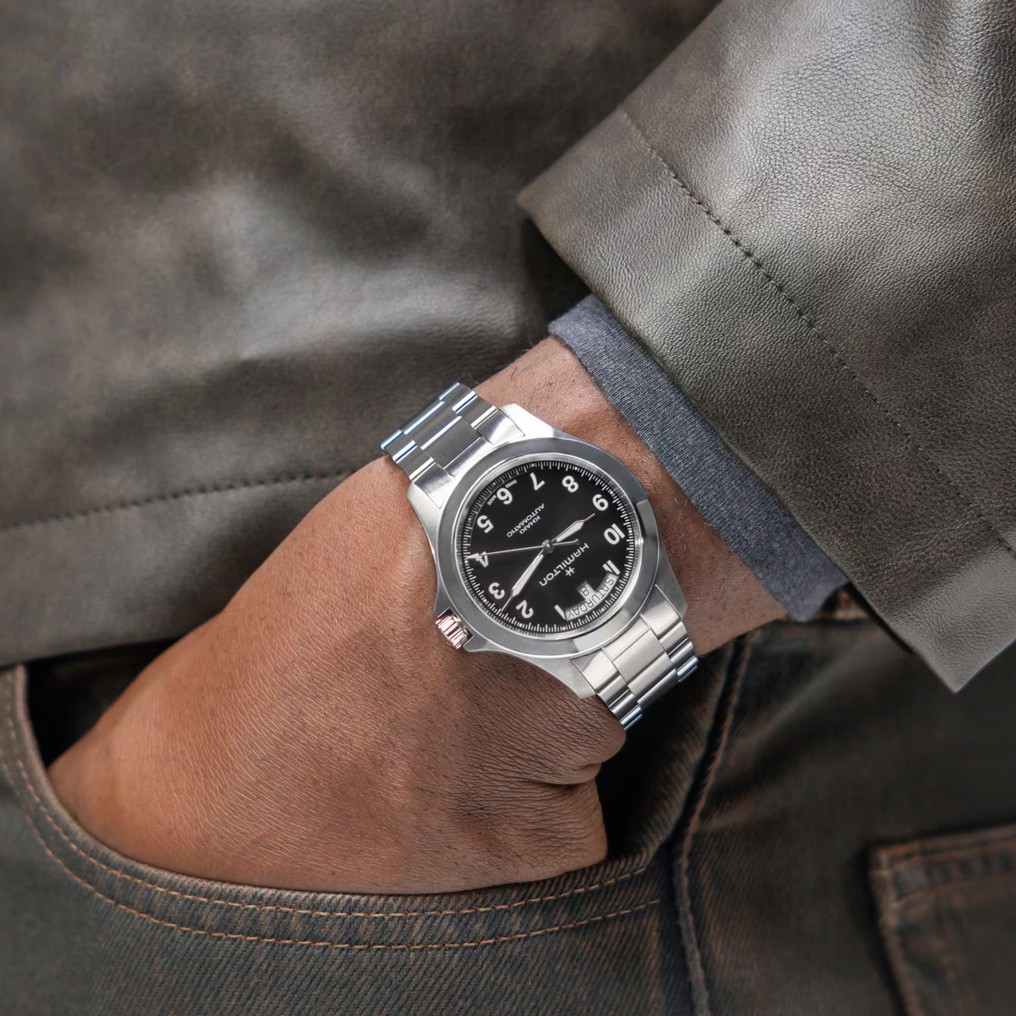 Hamilton Khaki Field King Day-Date Automatic 40mm Watch on Wrist Men's Black Dial H64475131