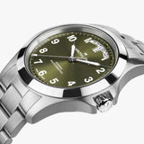 Side profile of Hamilton Khaki Field King H64475160 showing crown protectors, anti-reflective sapphire crystal, and brushed stainless steel case