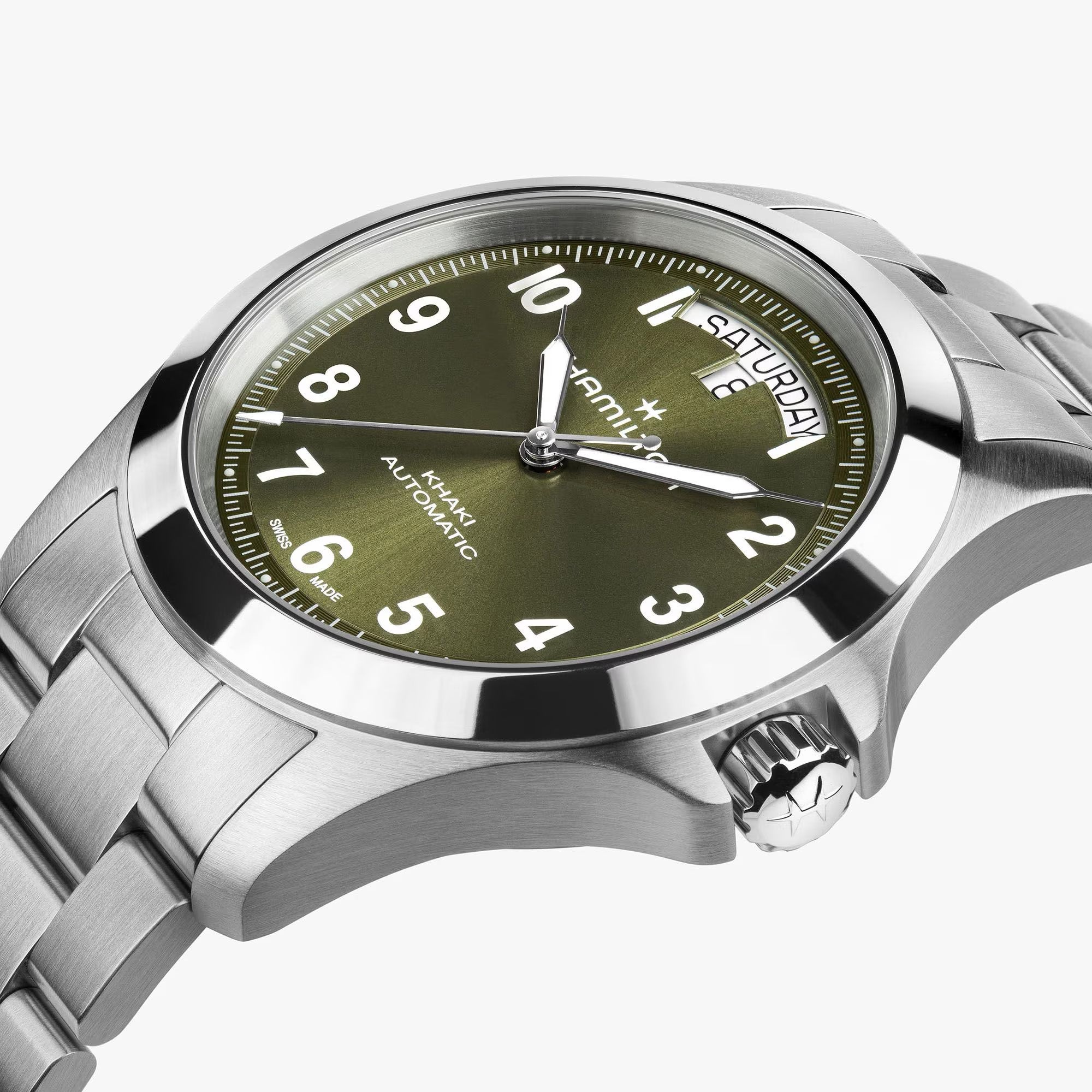 Side profile of Hamilton Khaki Field King H64475160 showing crown protectors, anti-reflective sapphire crystal, and brushed stainless steel case