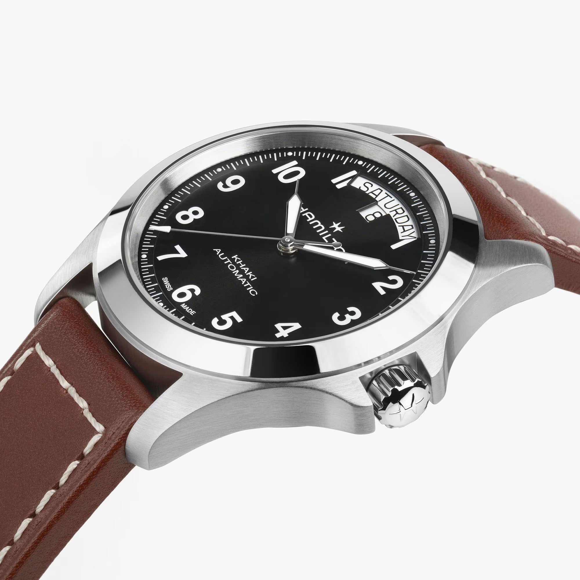 Side profile of Hamilton Khaki Field King showing crown protectors, sapphire crystal, and stainless steel case profile