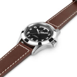 Hamilton Khaki Field King Day-Date H64475531 40mm automatic watch with black sun-brushed dial and brown leather strap
