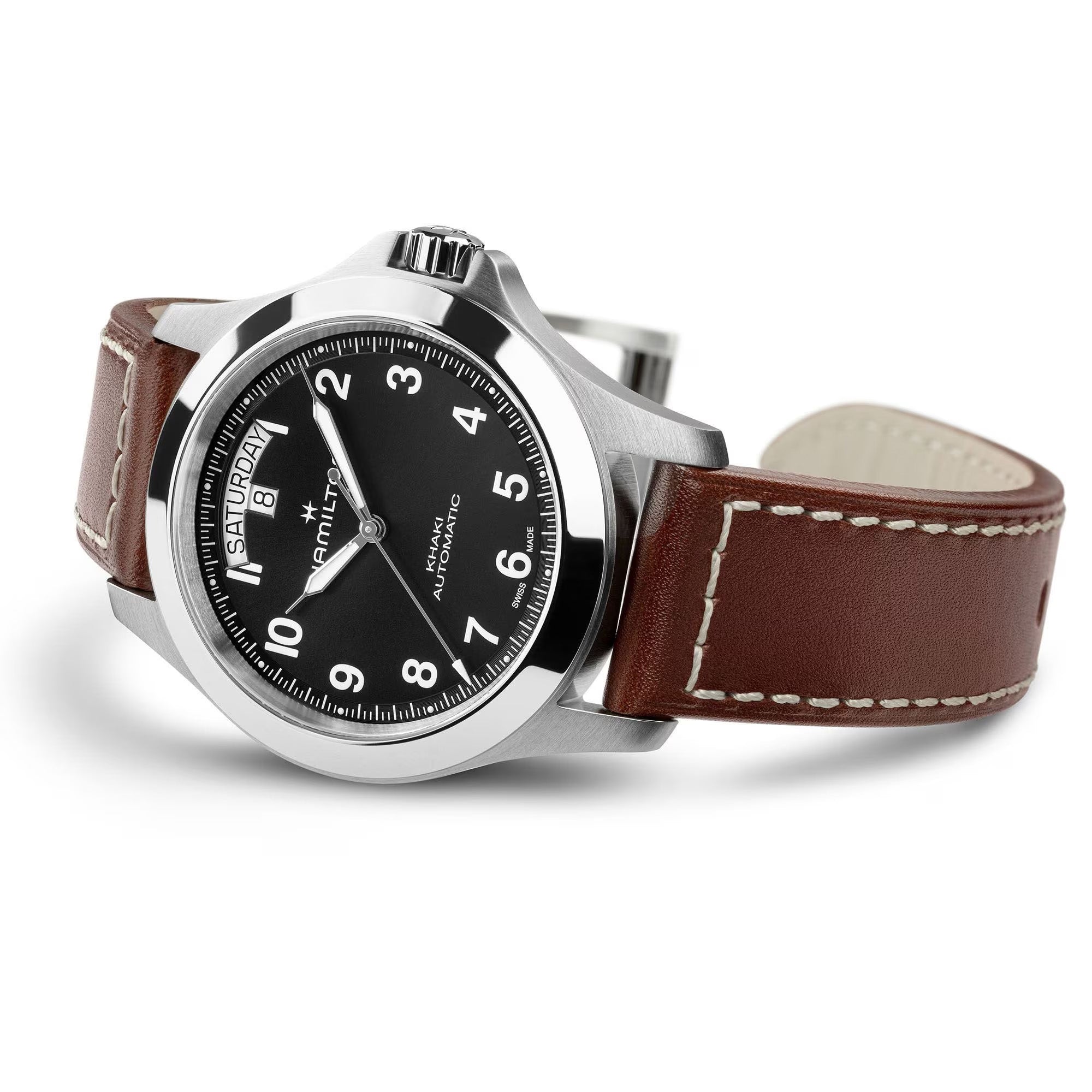 Hamilton Khaki Field King Day-Date H64475531 40mm automatic watch with black sun-brushed dial and brown leather strap