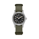 Front-on: Hamilton Khaki Field Mechanical 36mm Watch H69399930 features a black dial with Super-LumiNova Grade X2 markers, inspired by the FAPD 5101 navigator's watch issued to U.S. Air Force crews around 1970. This 2026 limited edition pays tribute to Hamilton's authentic military heritage with an exclusive engraving.