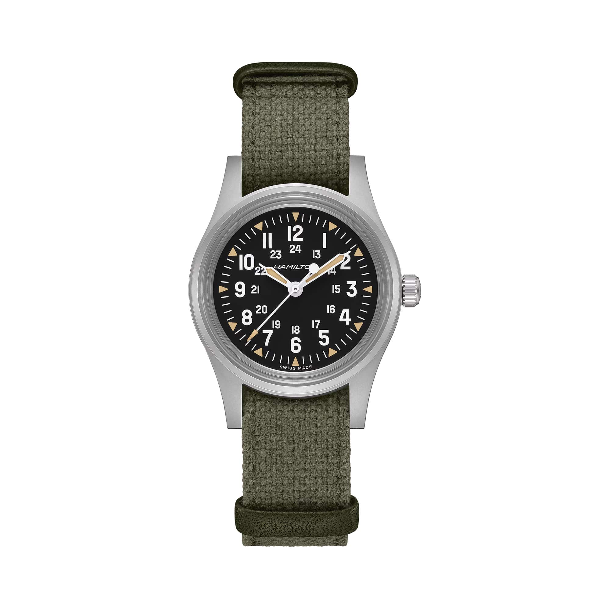 Front-on: Hamilton Khaki Field Mechanical 36mm Watch H69399930 features a black dial with Super-LumiNova Grade X2 markers, inspired by the FAPD 5101 navigator's watch issued to U.S. Air Force crews around 1970. This 2026 limited edition pays tribute to Hamilton's authentic military heritage with an exclusive engraving.