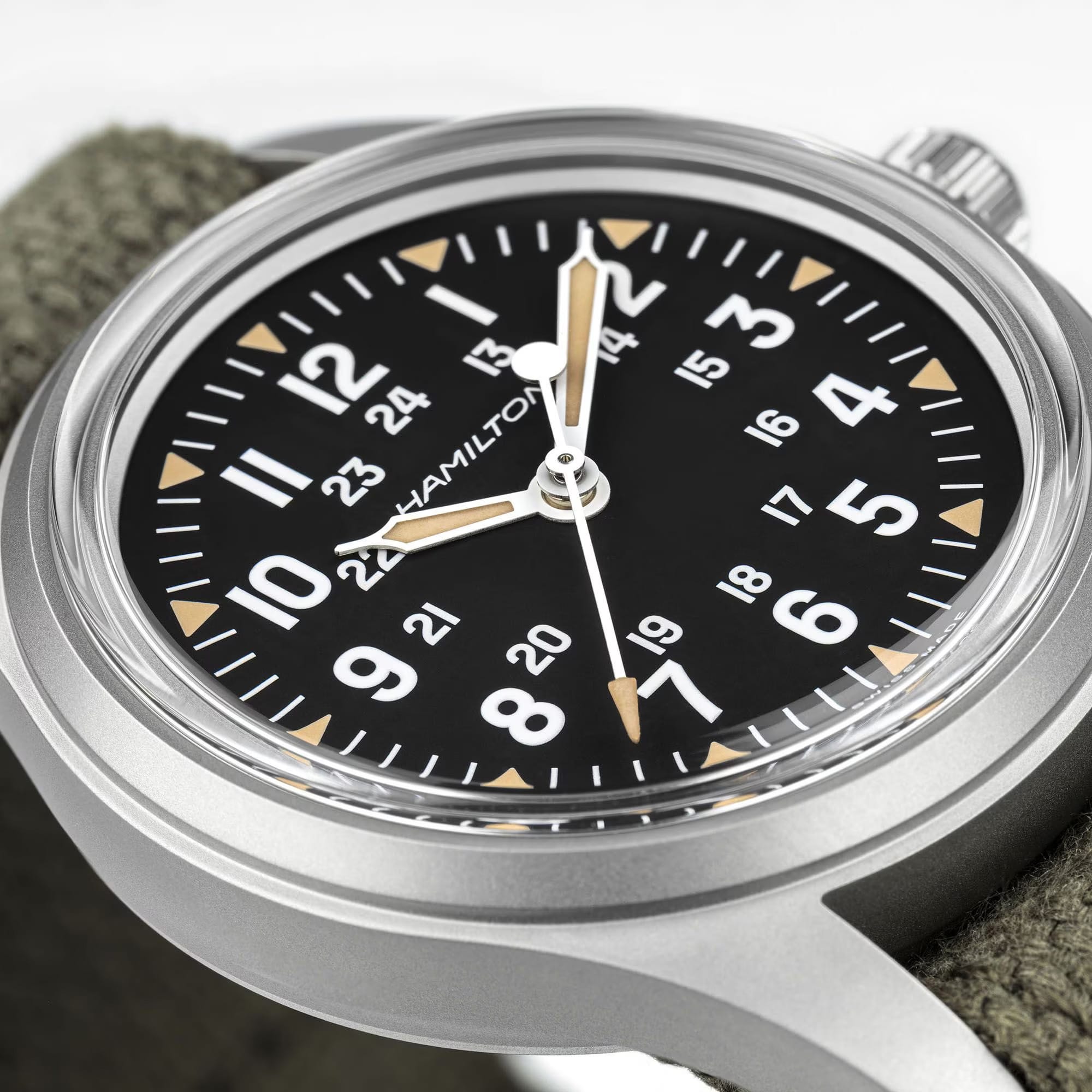 Hamilton Khaki Field Mechanical 36mm Watch H69399930 features a black dial with Super-LumiNova Grade X2 markers