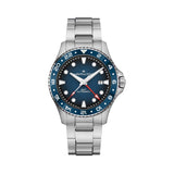 Hamilton Khaki Navy Scuba Auto GMT 43mm Watch H82535140 features a blue dial paired with a ceramic 24-hour bezel and a red GMT hand for tracking a third time zone. Applied indices and hands with Super-LumiNova ensure strong low-light legibility.