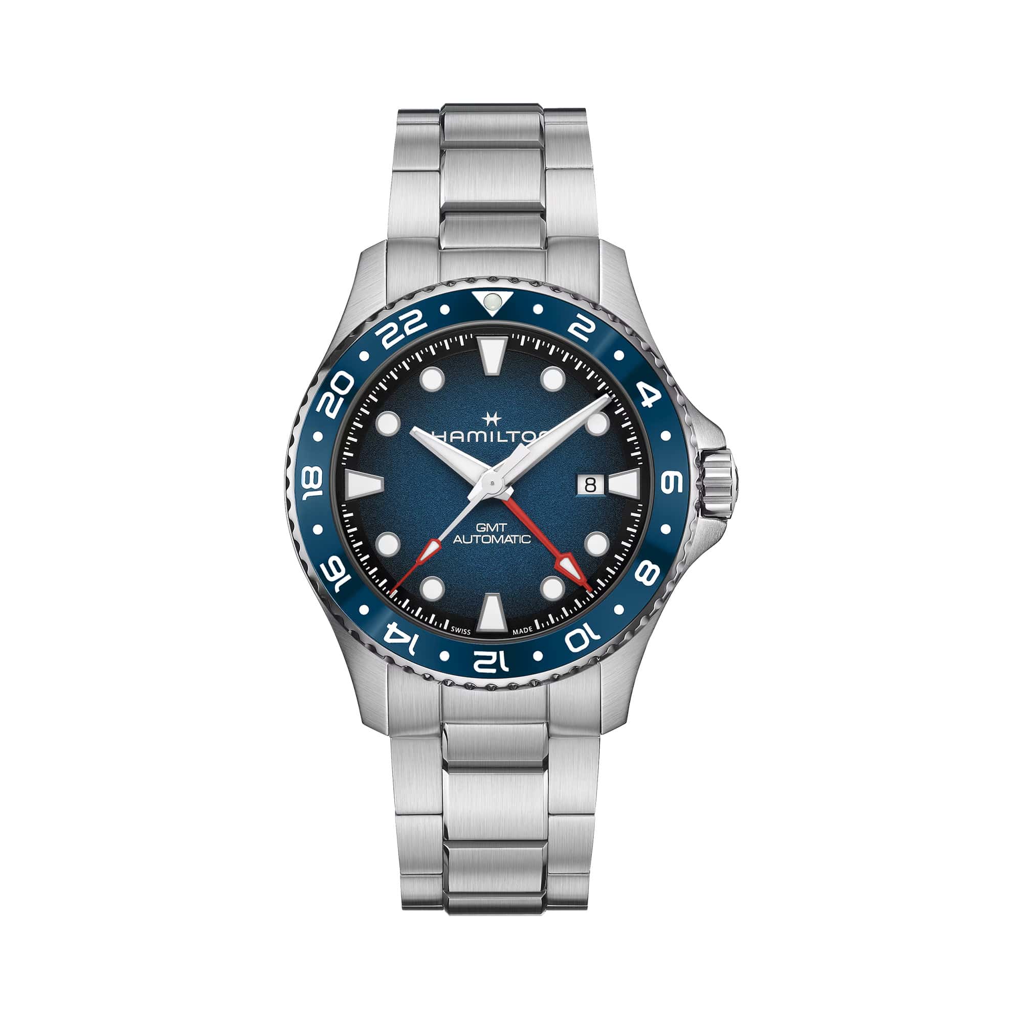 Hamilton Khaki Navy Scuba Auto GMT 43mm Watch H82535140 features a blue dial paired with a ceramic 24-hour bezel and a red GMT hand for tracking a third time zone. Applied indices and hands with Super-LumiNova ensure strong low-light legibility.