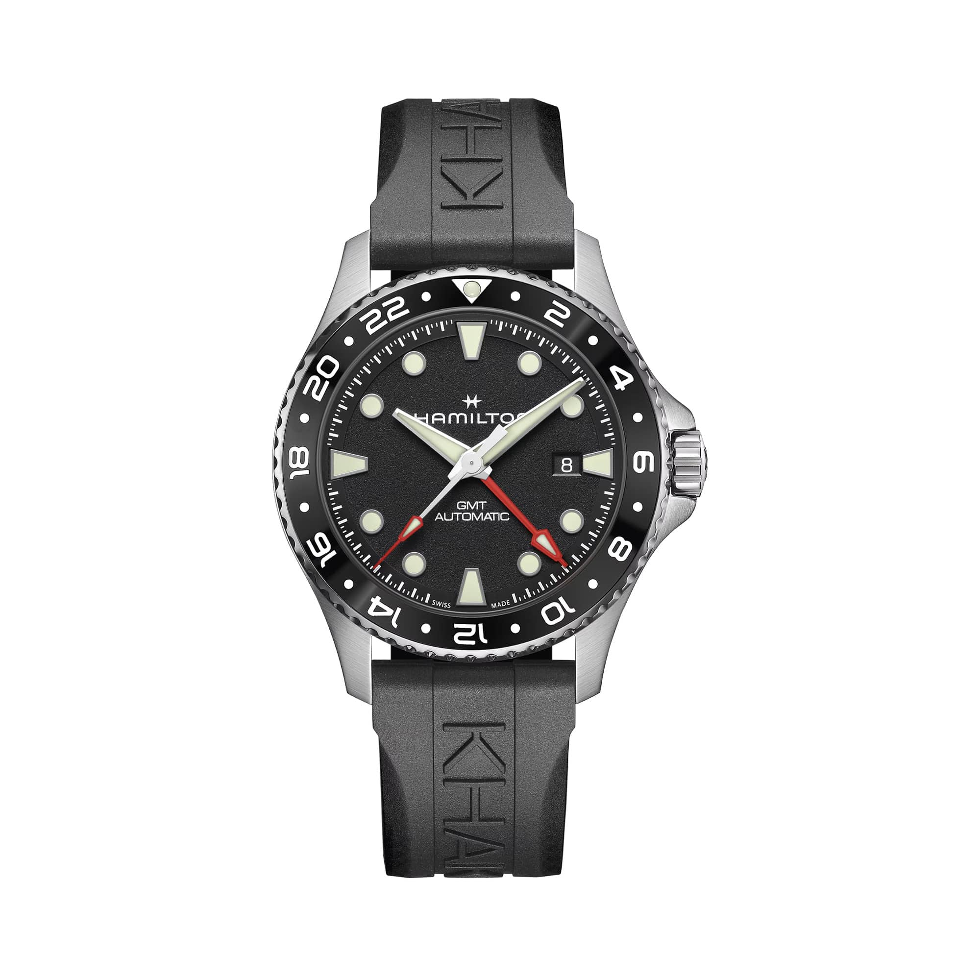 Hamilton Khaki Navy Scuba Auto GMT 43mm Watch H82555330 features a black dial paired with a ceramic 24-hour bezel and a red GMT hand for tracking a third time zone. Applied indices and hands with Super-LumiNova ensure strong low-light legibility.