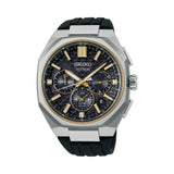 The Seiko Astron GPS Solar HAB003J features a black dial with gold-tone indices, three sub-dials and a date window. The 43.40mm titanium case is fitted with a sapphire crystal and a faceted UTC bezel.