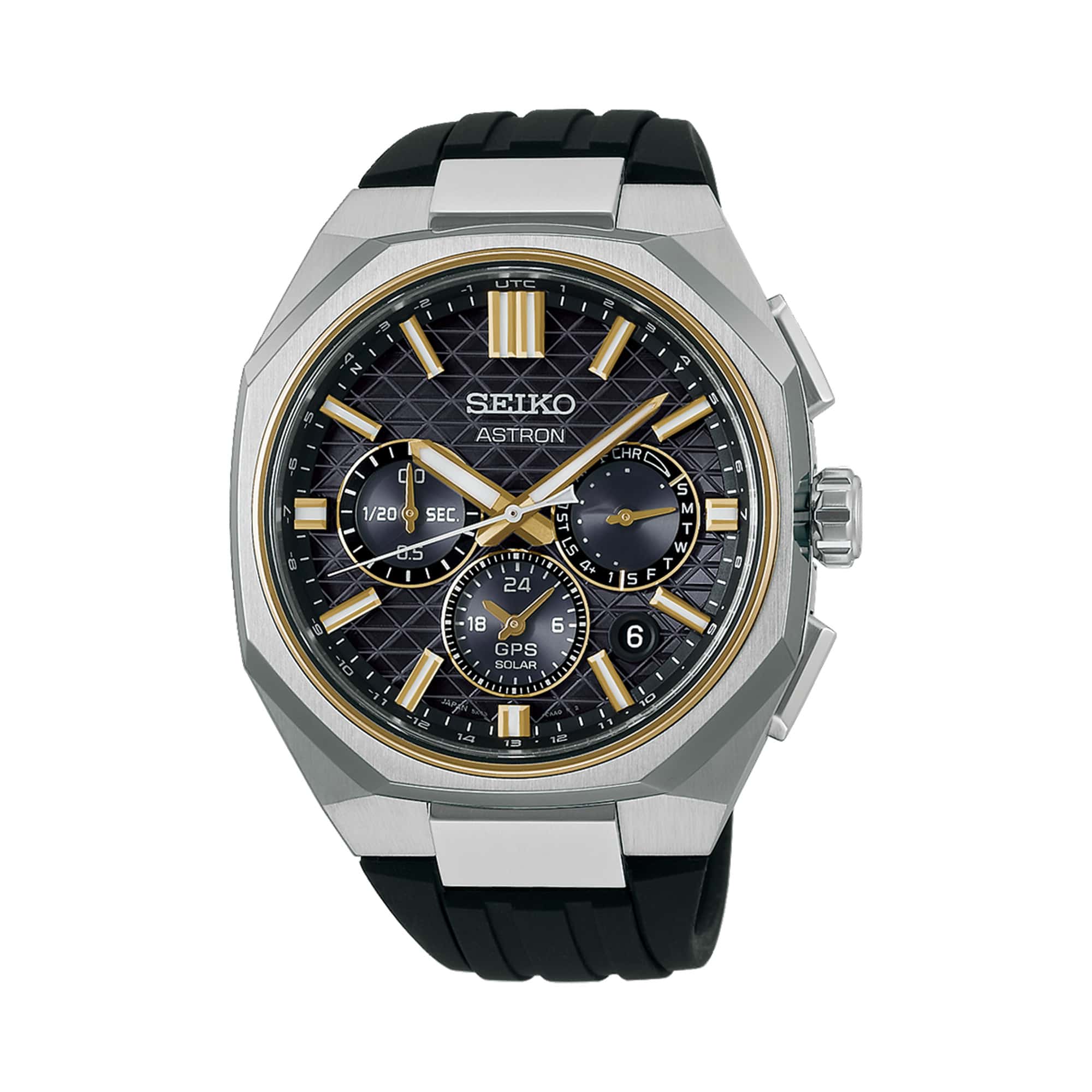 The Seiko Astron GPS Solar HAB003J features a black dial with gold-tone indices, three sub-dials and a date window. The 43.40mm titanium case is fitted with a sapphire crystal and a faceted UTC bezel.