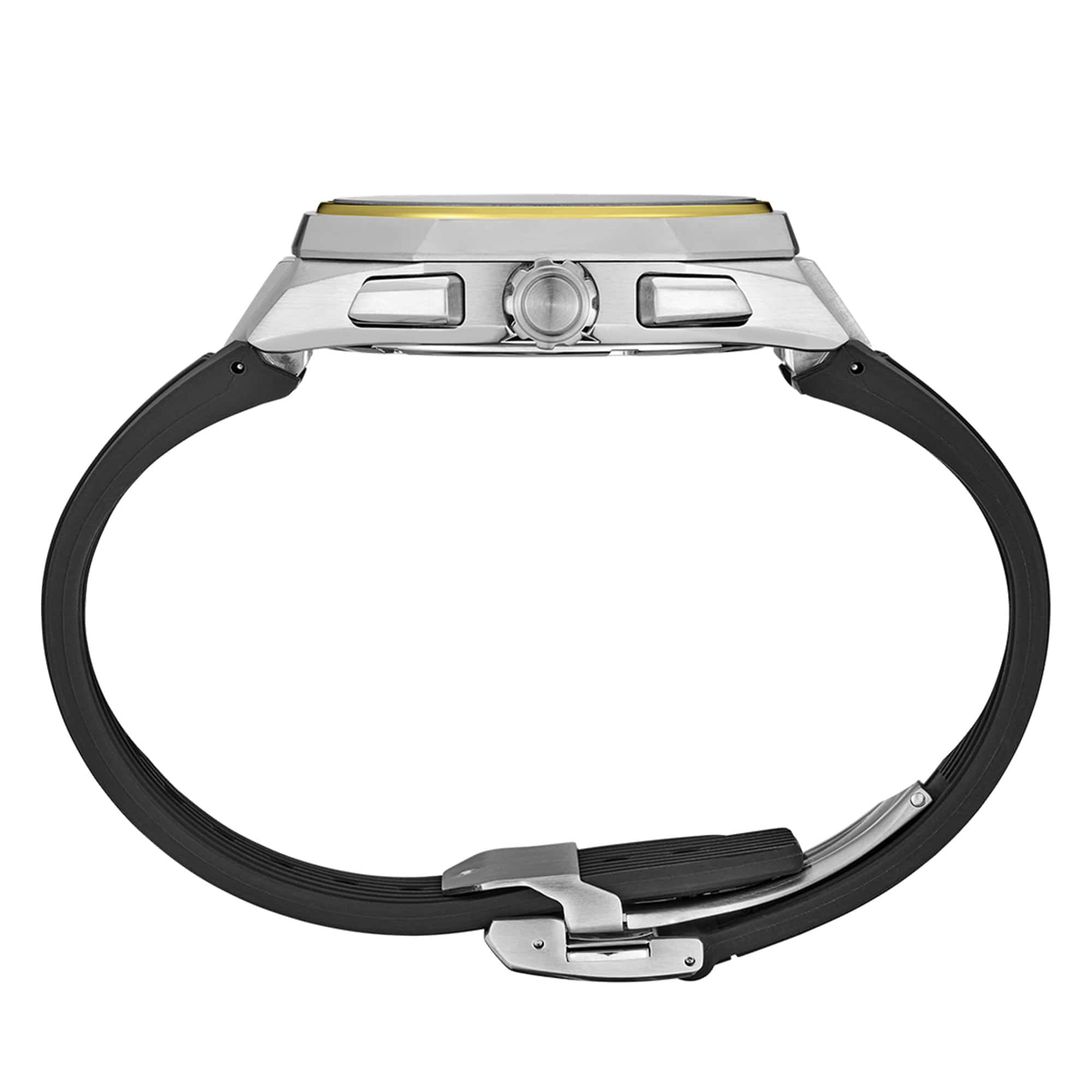 The 12.4mm-thick titanium case shows the faceted, multi-angled profile of the bezel and case flank. The crown and chronograph pushers are positioned on the right side of the case.