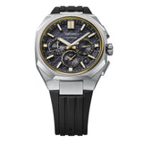 From this angle, the black dial's gold-tone accents, three sub-dials and faceted bezel are visible together. The easy-adjust three-fold clasp with push-button release is set into the strap's closure.