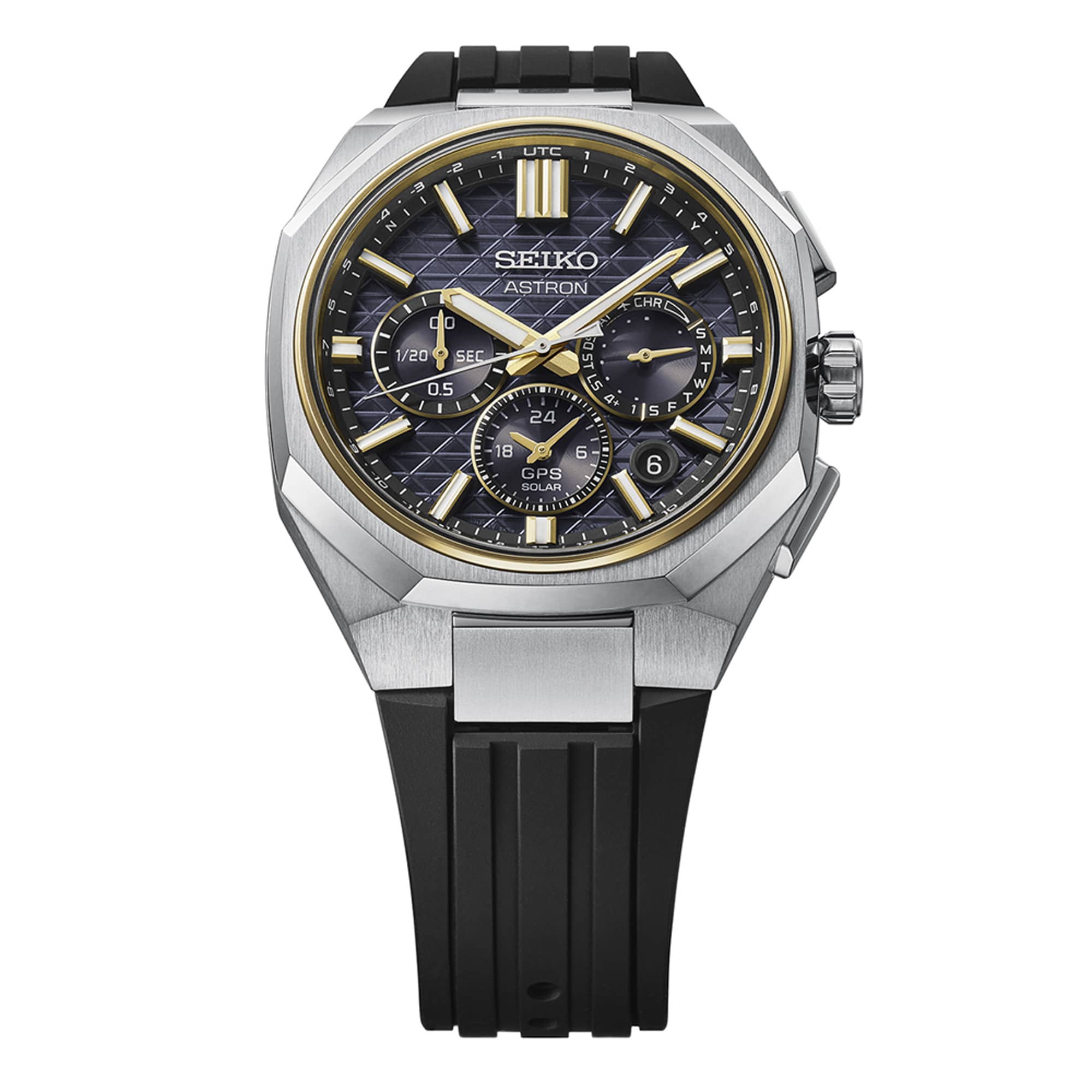 From this angle, the black dial's gold-tone accents, three sub-dials and faceted bezel are visible together. The easy-adjust three-fold clasp with push-button release is set into the strap's closure.