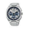 The Seiko Astron GPS Solar HAB004J features a light silver dial with blue accents on the seconds track and sub-dials, arranged in a symmetrical layout, alongside a date window. The 43.40mm titanium case is fitted with a sapphire crystal.