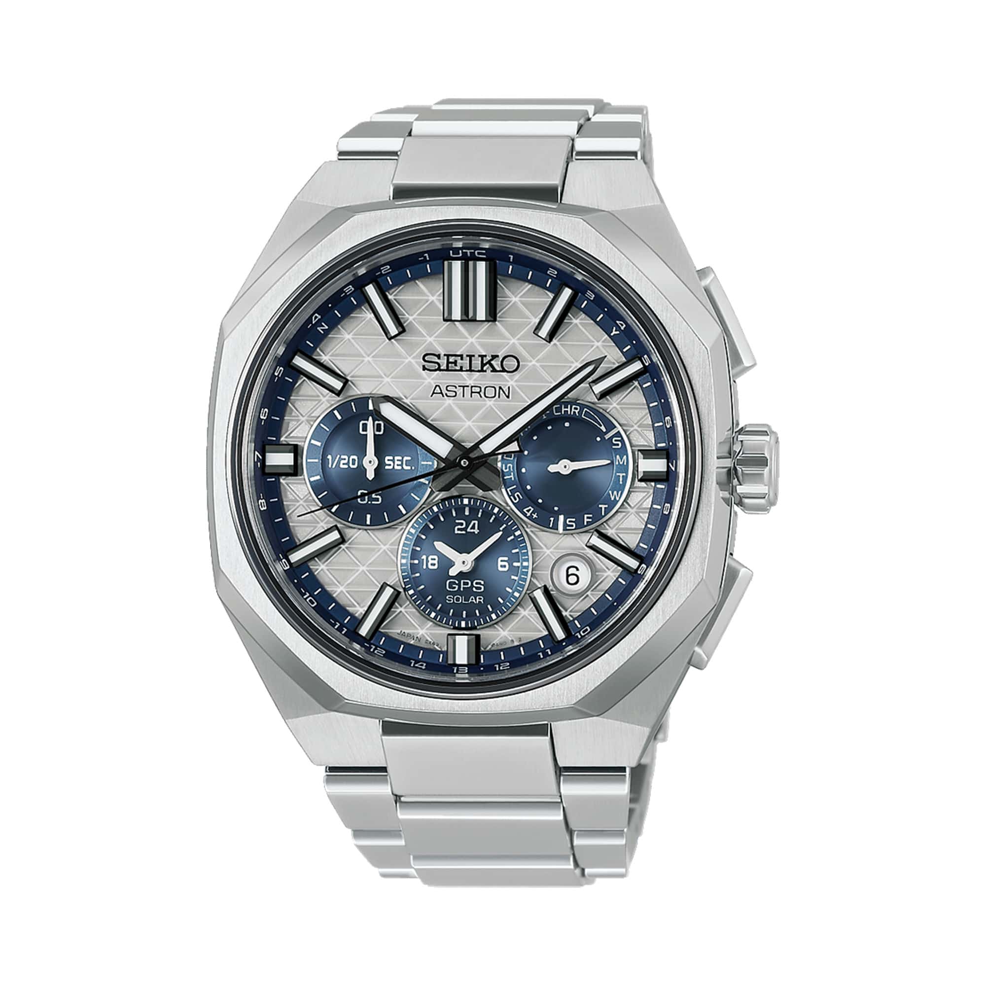 The Seiko Astron GPS Solar HAB004J features a light silver dial with blue accents on the seconds track and sub-dials, arranged in a symmetrical layout, alongside a date window. The 43.40mm titanium case is fitted with a sapphire crystal.