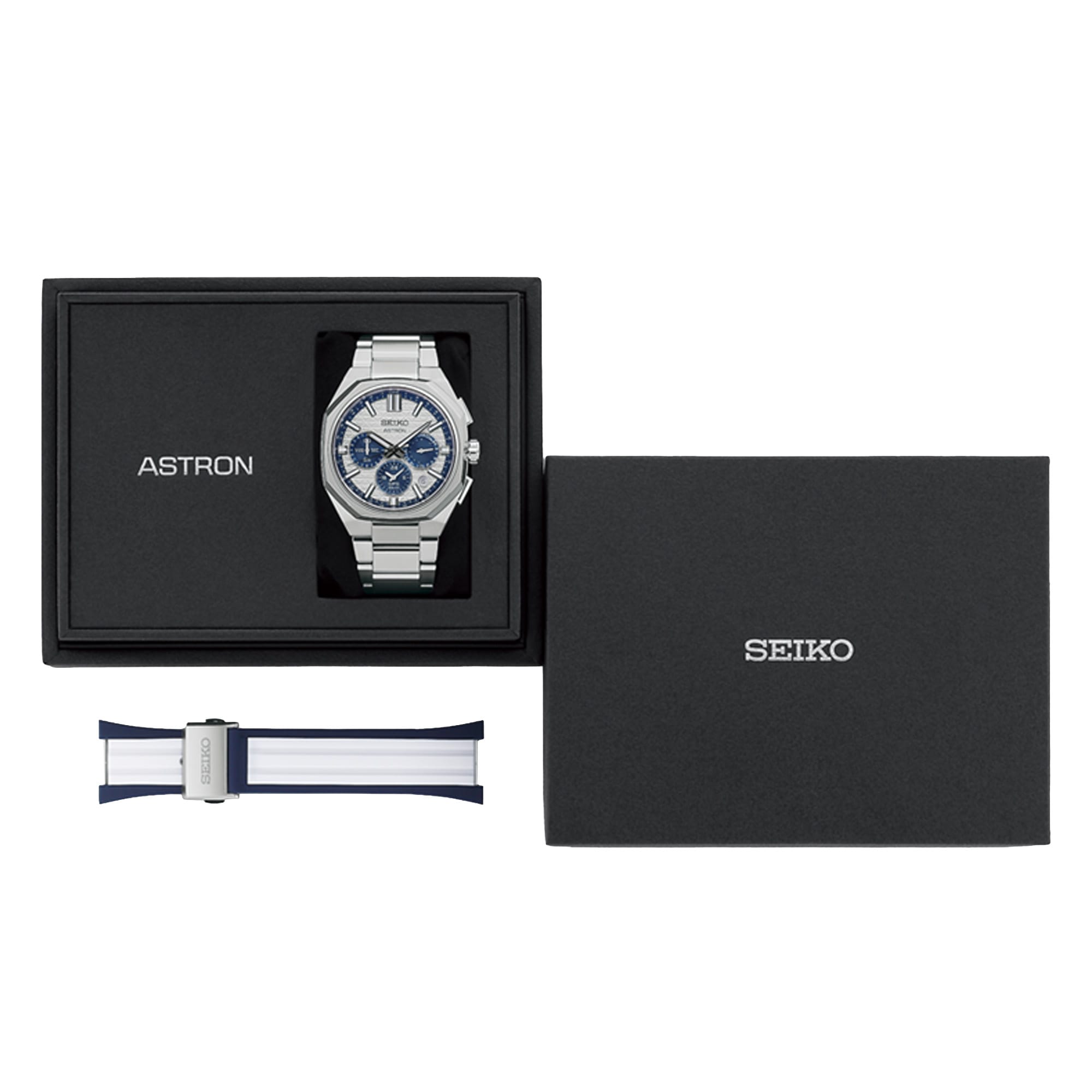 The Seiko Astron GPS Solar HAB004J with additional blue and white strap