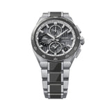 From this angle, the Seiko Astron GPS Solar 43.20mm Men's Watch HAB007J shows the dial's striped texture and grey ceramic bezel together with the two-tone titanium bracelet.