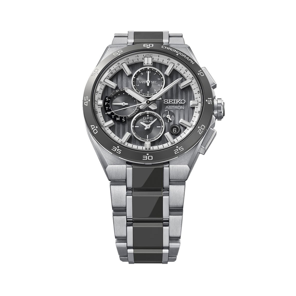 From this angle, the Seiko Astron GPS Solar 43.20mm Men's Watch HAB007J shows the dial's striped texture and grey ceramic bezel together with the two-tone titanium bracelet.
