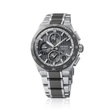 The Seiko Astron GPS Solar 43.20mm Men's Watch HAB007J features a grey striped dial with LumiBrite hands and index, set within a titanium case with a grey ceramic bezel and silver-toned metallic accents.