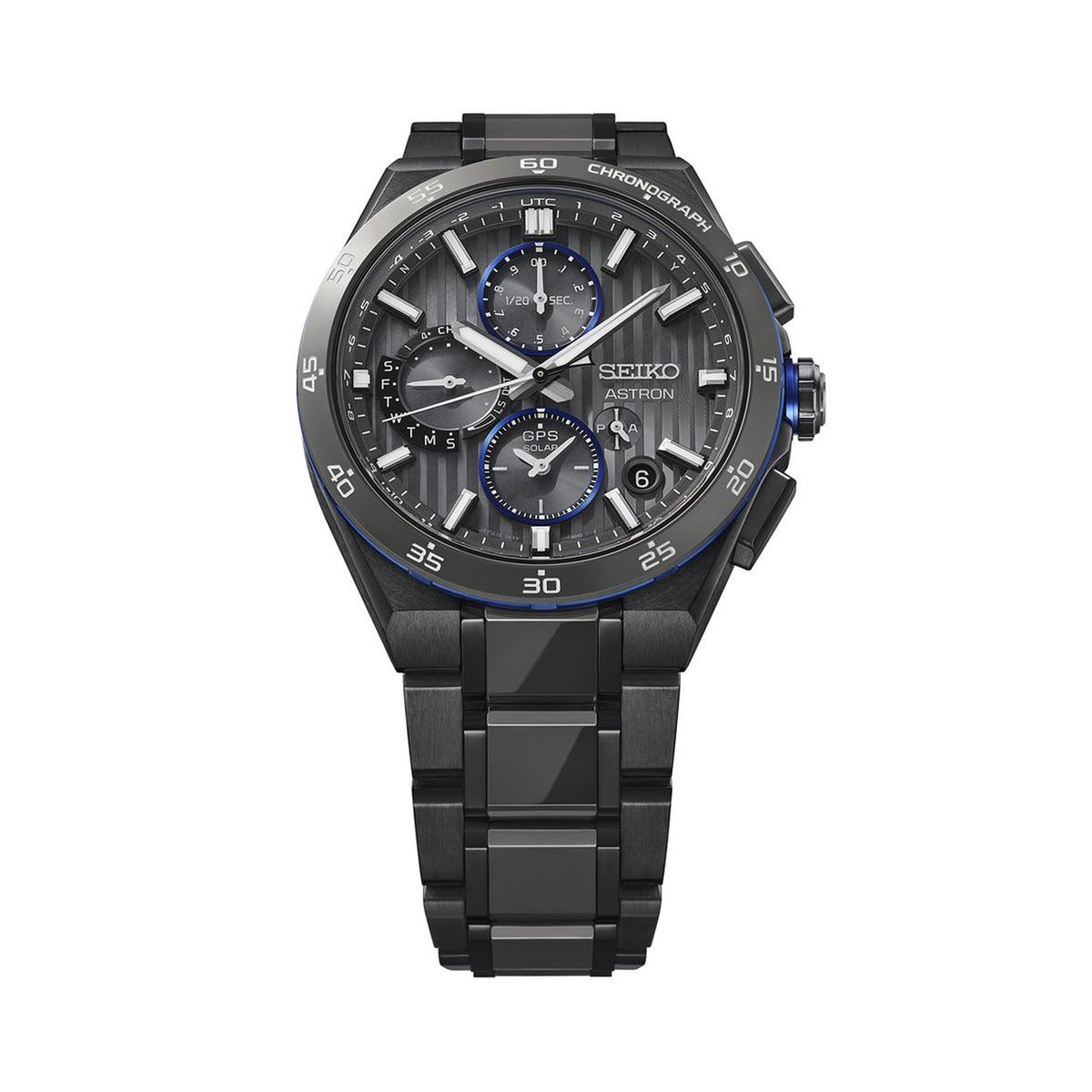 From this angle, the Seiko Astron GPS Solar 43.20mm Men's Watch HAB007J shows the dial's striped texture and grey ceramic bezel together with the two-tone titanium bracelet.