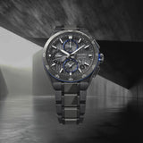 The Seiko Astron GPS Solar 43.20mm Men's Watch HAB007J reveals the dial's fine striped texture and grey ceramic bezel detailing in close detail.