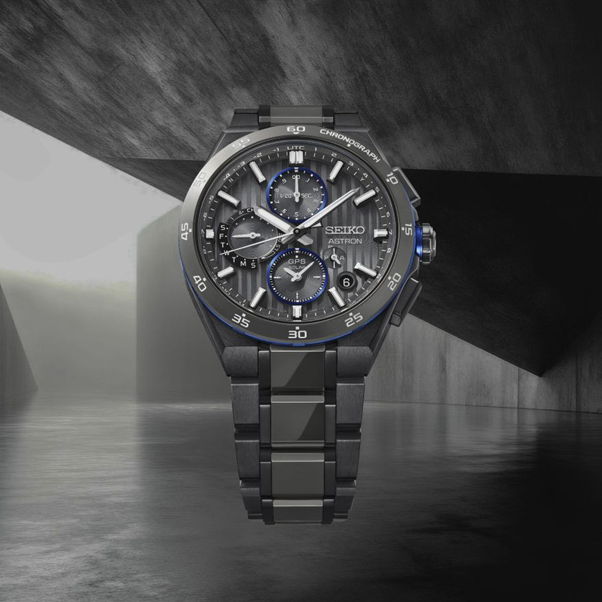 The Seiko Astron GPS Solar 43.20mm Men's Watch HAB007J reveals the dial's fine striped texture and grey ceramic bezel detailing in close detail.