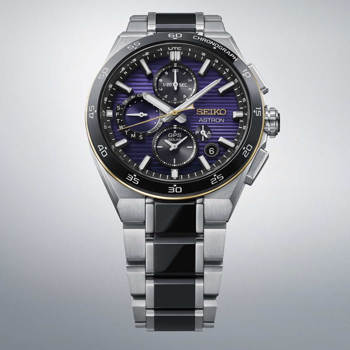The Seiko Astron Solar GPS Men's 43.30mm Watch HAB011J reveals the dial's fine horizontal gradient texture and gold-coloured accents in close detail.
