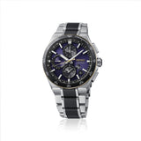 A Seiko Astron Solar GPS Men's 43.30mm Watch HAB011J with a silver stainless steel case, a black and blue sunburst dial, and a silver and black link bracelet, shown on a white background with a subtle reflection.