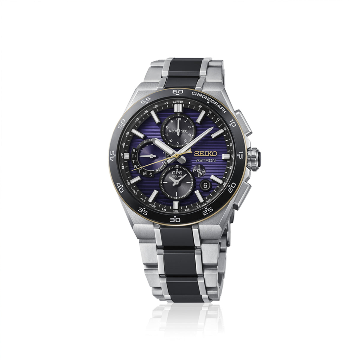 A Seiko Astron Solar GPS Men's 43.30mm Watch HAB011J with a silver stainless steel case, a black and blue sunburst dial, and a silver and black link bracelet, shown on a white background with a subtle reflection.