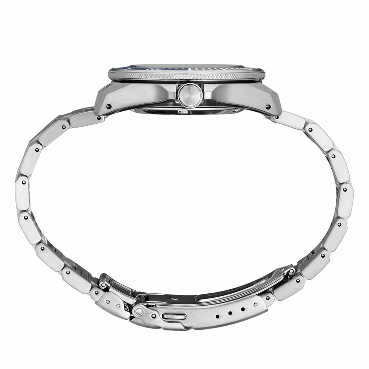 The Seiko Prospex Automatic Men's 41.70mm Watch HBB001K shows its 41.7mm angular stainless steel case with a screw-down crown positioned on the right side.