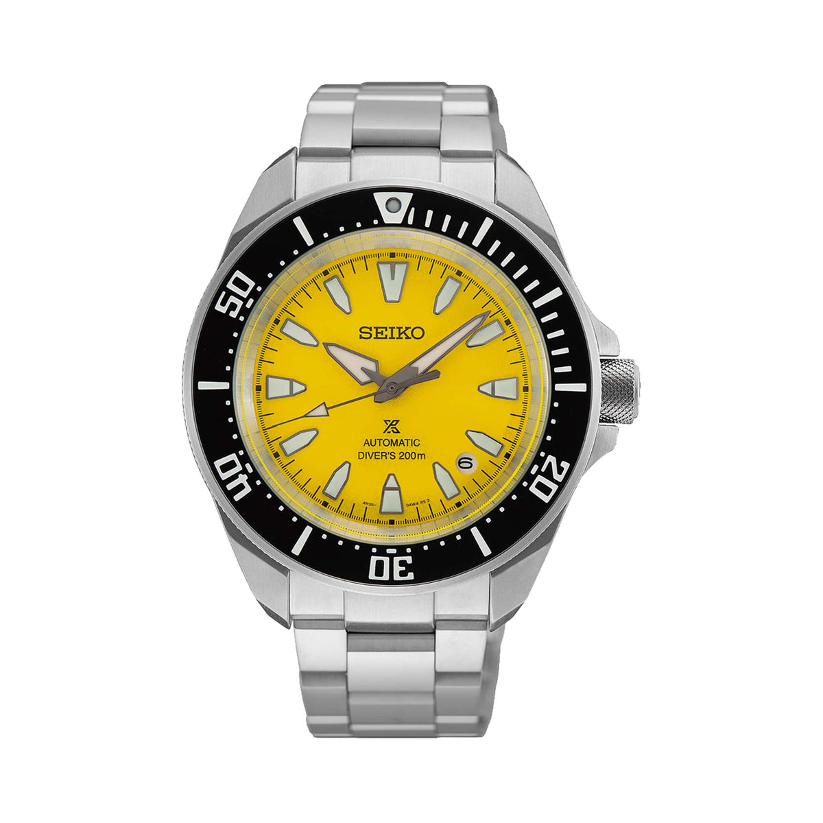 The Seiko Prospex Automatic Men's 41.70mm Watch HBB003K features a sand-textured yellow dial, LumiBrite hands and hour markers, and a date window. The 41.7mm stainless steel Samurai-style case is fitted with a black unidirectional bezel.