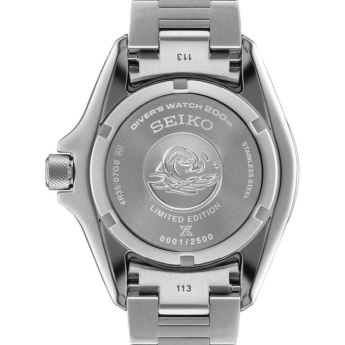 The Seiko Prospex Automatic Men's 41.70mm Watch HBB004K is fitted with a stainless steel bracelet, secured by a three-fold clasp with push-button release and diver's extension. The screw case back is engraved with "LIMITED EDITION" and an individual serial number.