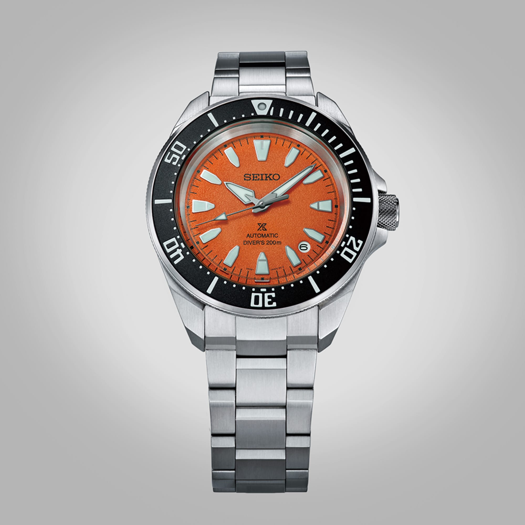 From this angle, the Seiko Prospex Automatic Men's 41.70mm Watch HBB004K shows the sand-textured orange dial and black bezel together with the Samurai-style case and bracelet.