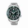 The Seiko Prospex HBC001J features a dark green textured dial with oversized LumiBrite-coated markers, a gold-tone GMT hand and a date window. The 42mm stainless steel case is fitted with a green ceramic unidirectional bezel.
