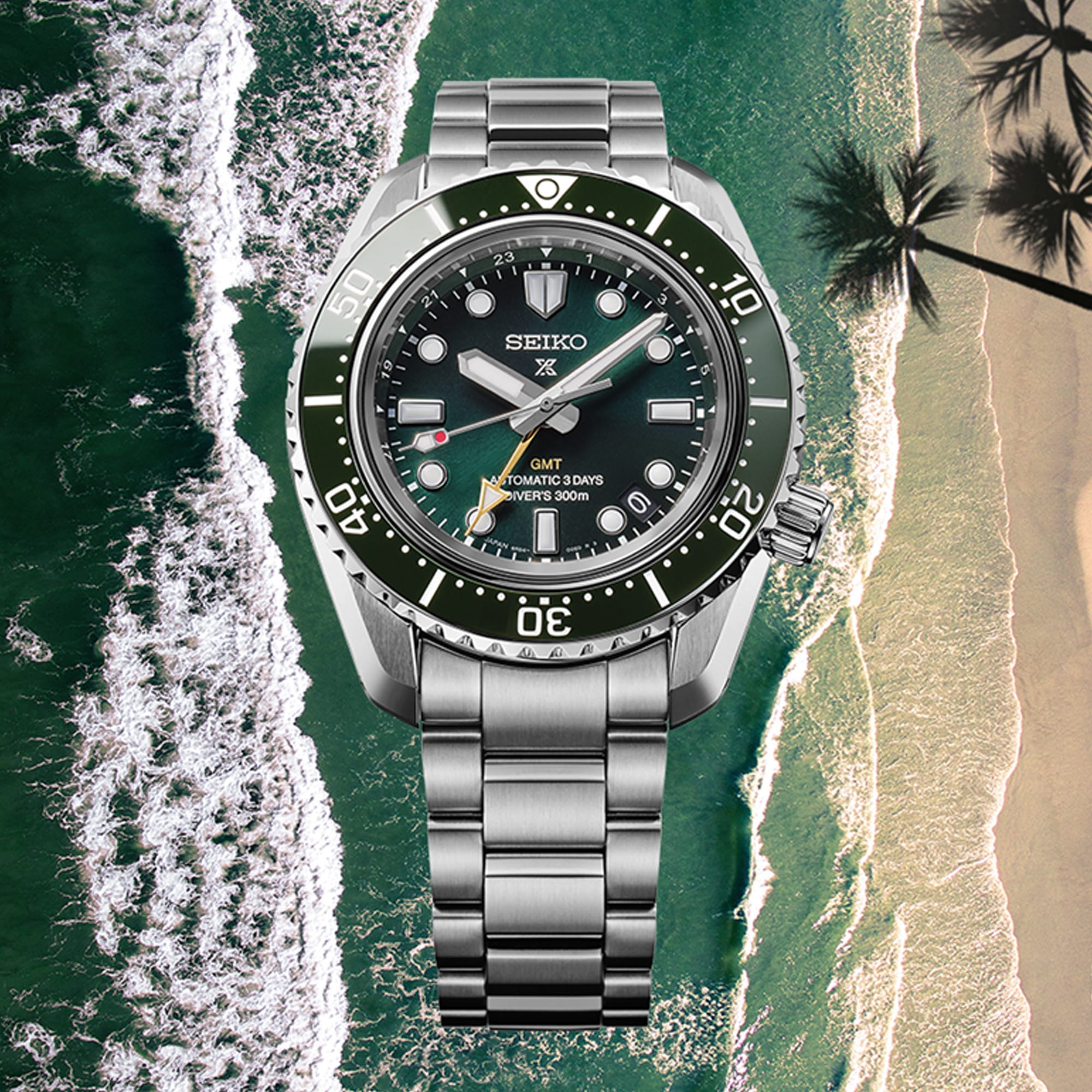 The Seiko Prospex HBC001J features a dark green textured dial with oversized LumiBrite-coated markers, a gold-tone GMT hand and a date window. The 42mm stainless steel case is fitted with a green ceramic unidirectional bezel.