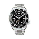 The Seiko Prospex HBC002J features a black dial with oversized LumiBrite-coated markers, a gold-tone GMT hand and a date window. The 42mm stainless steel case is fitted with a black ceramic unidirectional bezel.