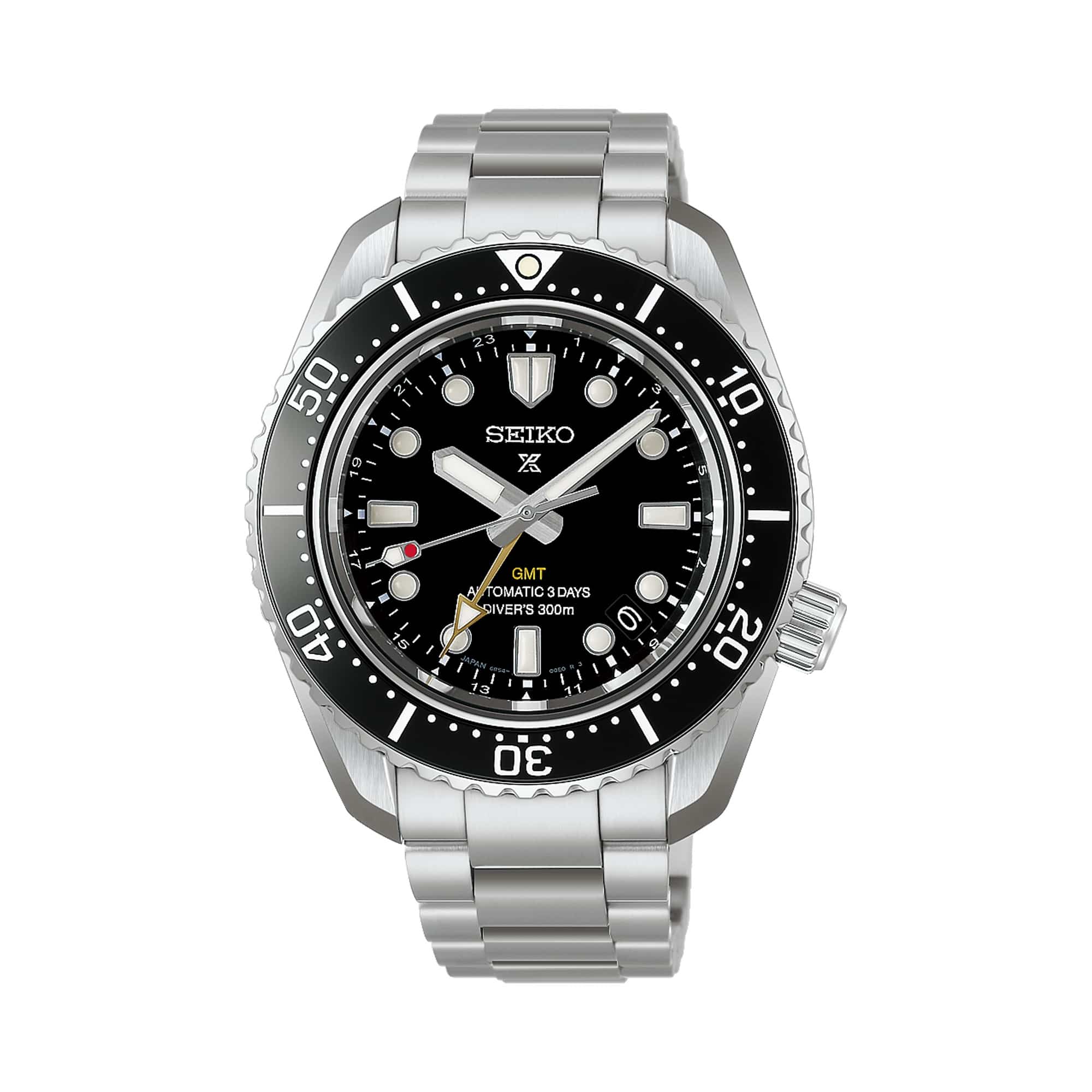 The Seiko Prospex HBC002J features a black dial with oversized LumiBrite-coated markers, a gold-tone GMT hand and a date window. The 42mm stainless steel case is fitted with a black ceramic unidirectional bezel.