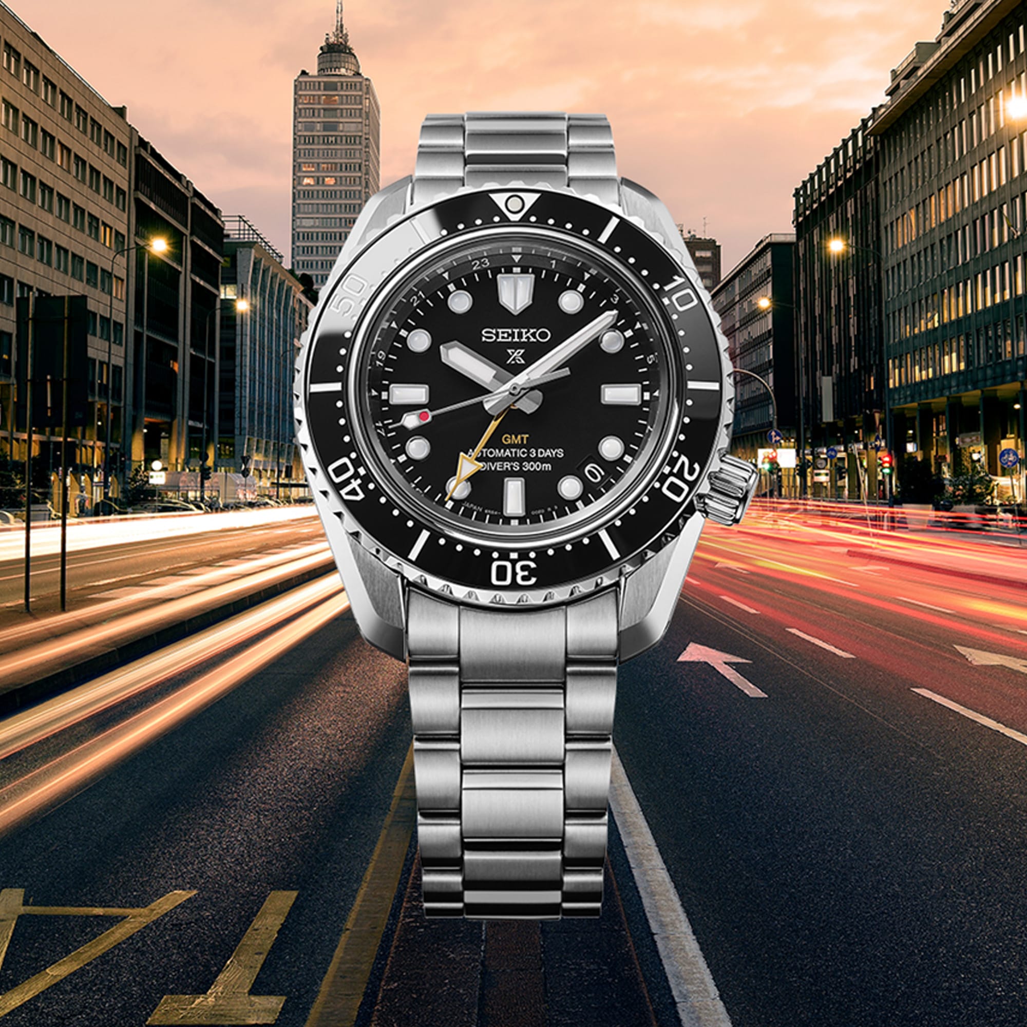 The Seiko Prospex HBC002J features a black dial with oversized LumiBrite-coated markers, a gold-tone GMT hand and a date window. The 42mm stainless steel case is fitted with a black ceramic unidirectional bezel.