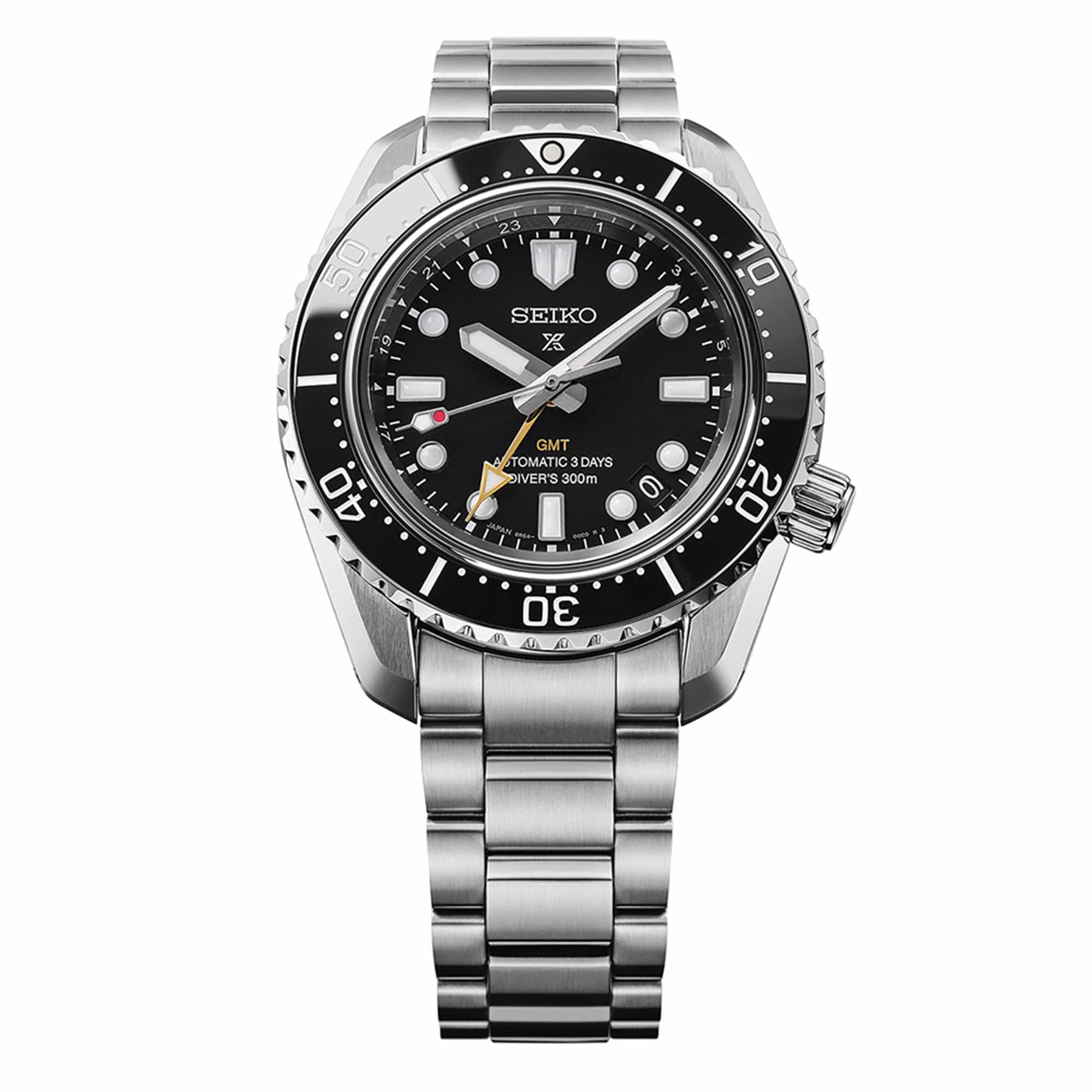 The Seiko Prospex HBC002J features a black dial with oversized LumiBrite-coated markers, a gold-tone GMT hand and a date window. The 42mm stainless steel case is fitted with a black ceramic unidirectional bezel.