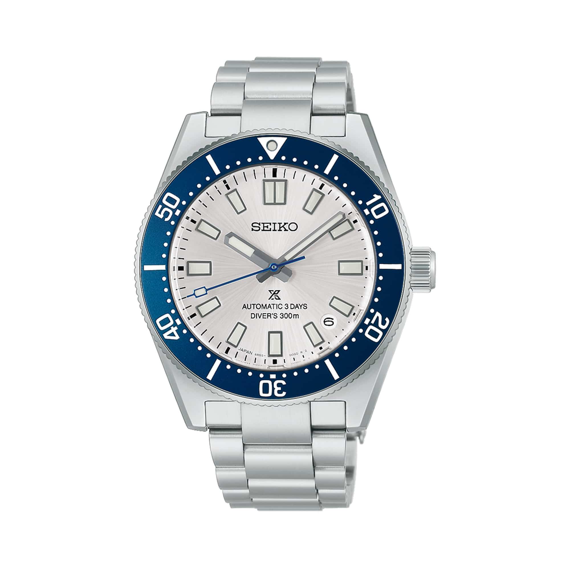 Seiko Prospex HBC005J 40mm Stainless Steel Automatic Diver's Watch with Blue One-Way Rotating Bezel and White Dial on Stainless Steel Bracelet