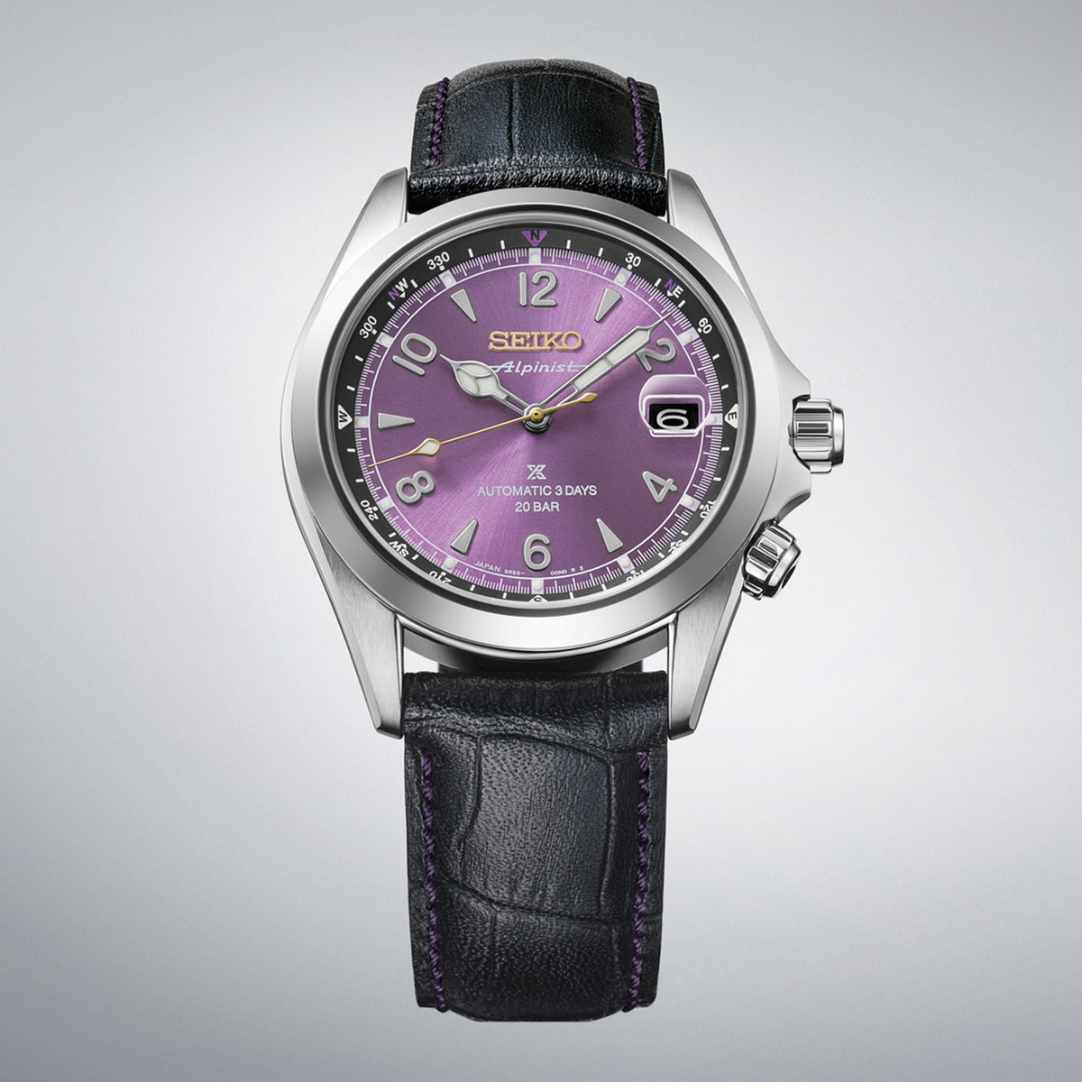 The Seiko Prospex Alpinist Automatic 39.50mm Men's Watch HBC006J reveals the dial's Arabic numerals, wedge-shaped indices and gold accents in close detail.