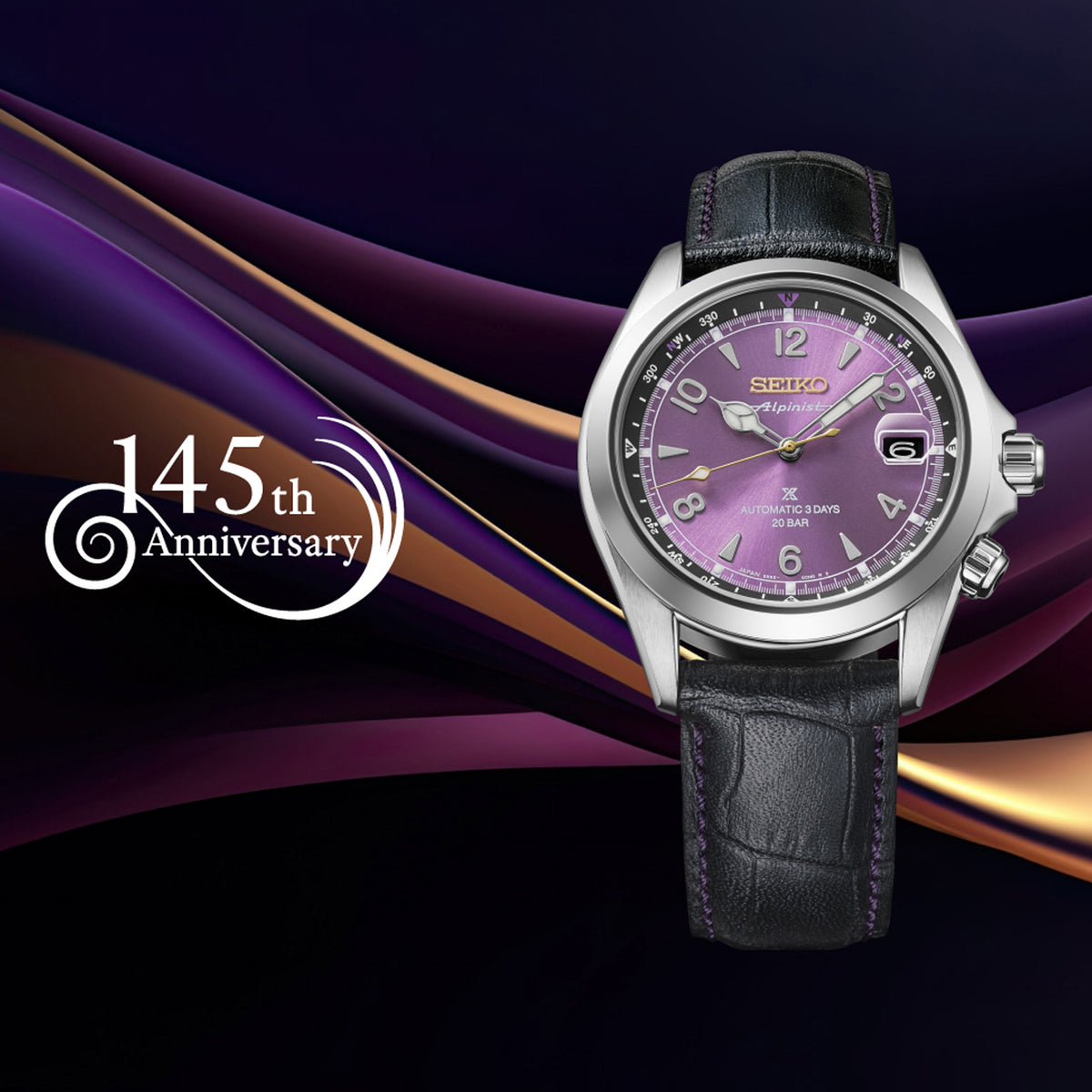 From this angle, the Seiko Prospex Alpinist Automatic 39.50mm Men's Watch HBC006J shows the purple dial's gold accents and internal compass ring together with the leather strap and stainless steel case.